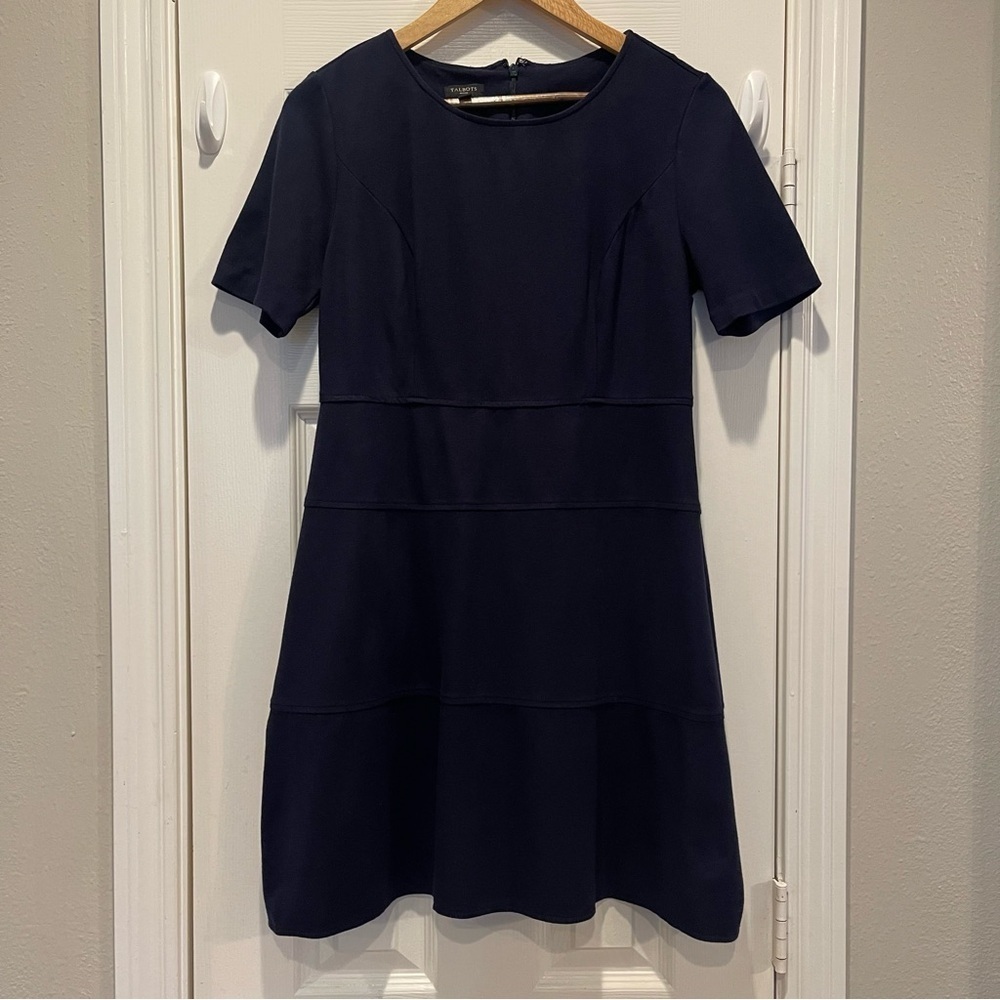 Talbots Dress Women’s Sz 8 Petite Navy Blue Short Sleeves Knee Length Stretch